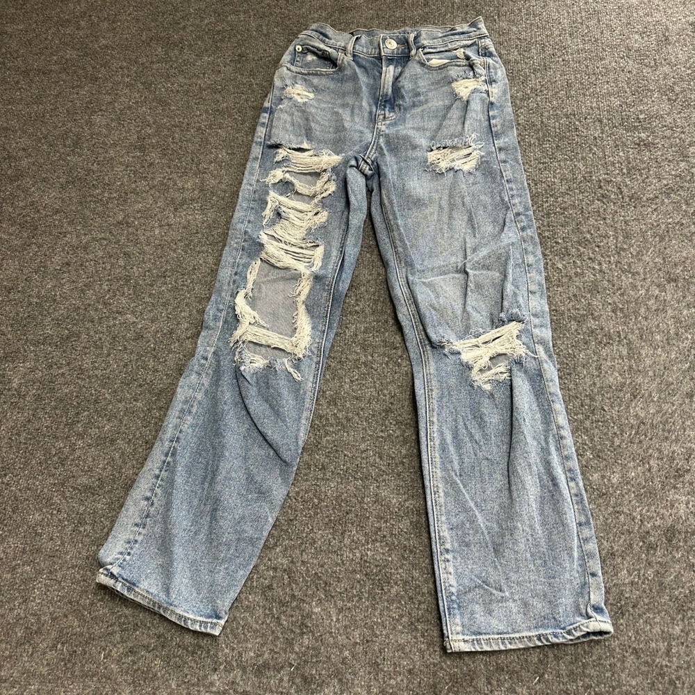 American Eagle Jeans Womens Size 00 Blue Distressed Straight Leg Stretch Denim
